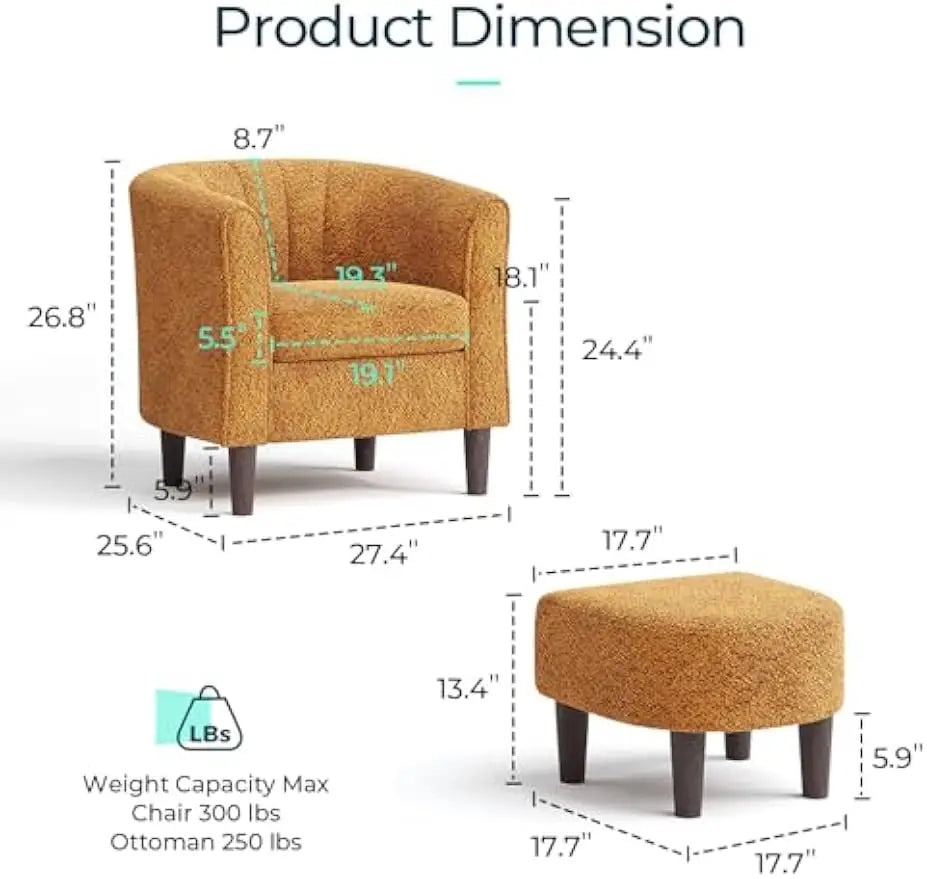 Ottoman Set of 2 - Chenille Accent Chair Mid-Century Modern Small Reading Chair Upholstered Armchair with Footrest  (Set of 2)