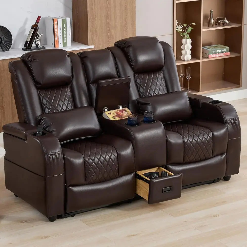 Brown Leather Loveseat Recliner with Double Recline, Center Console, and 2 Pillows for Comfortable Seating