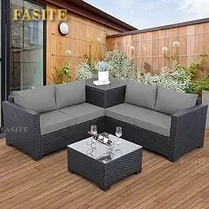 Outdoor PE Wicker Furniture Set 4 Piece Black Rattan Loveseat Couch Set With Storage Box Glass Top Table And Non-Slip Cushion