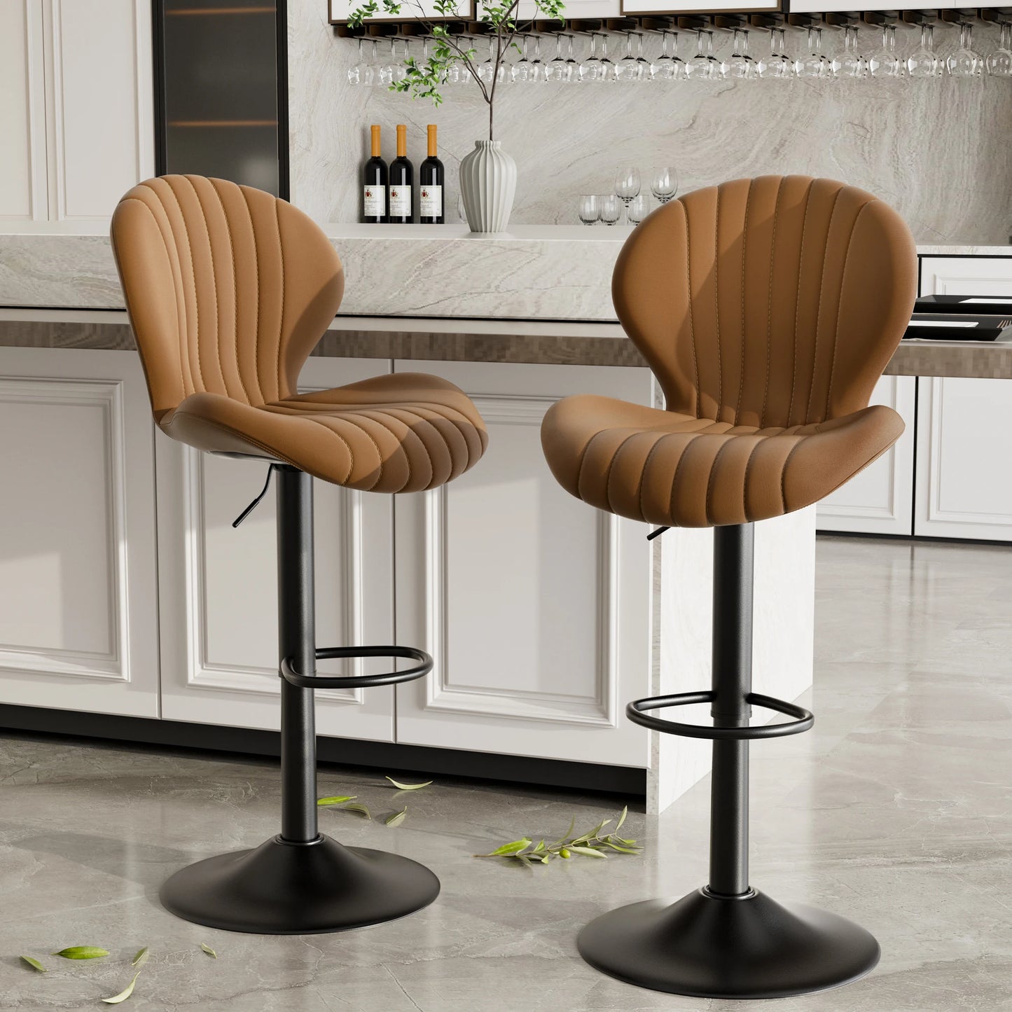 Chaise de bar 2 pièces, 360 °   Rotation, hauteur réglable, cuir artificiel rembourré avec dossier, adapté à la salle à manger