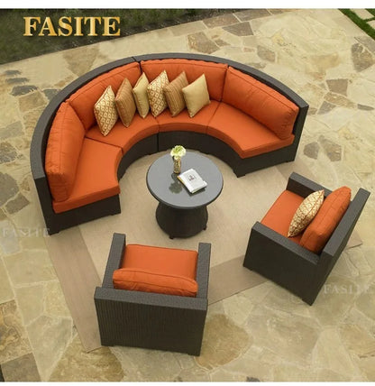 Outdoor round rattan sofa combination garden courtyard semi-circular rattan chair outdoor hotel curved living room