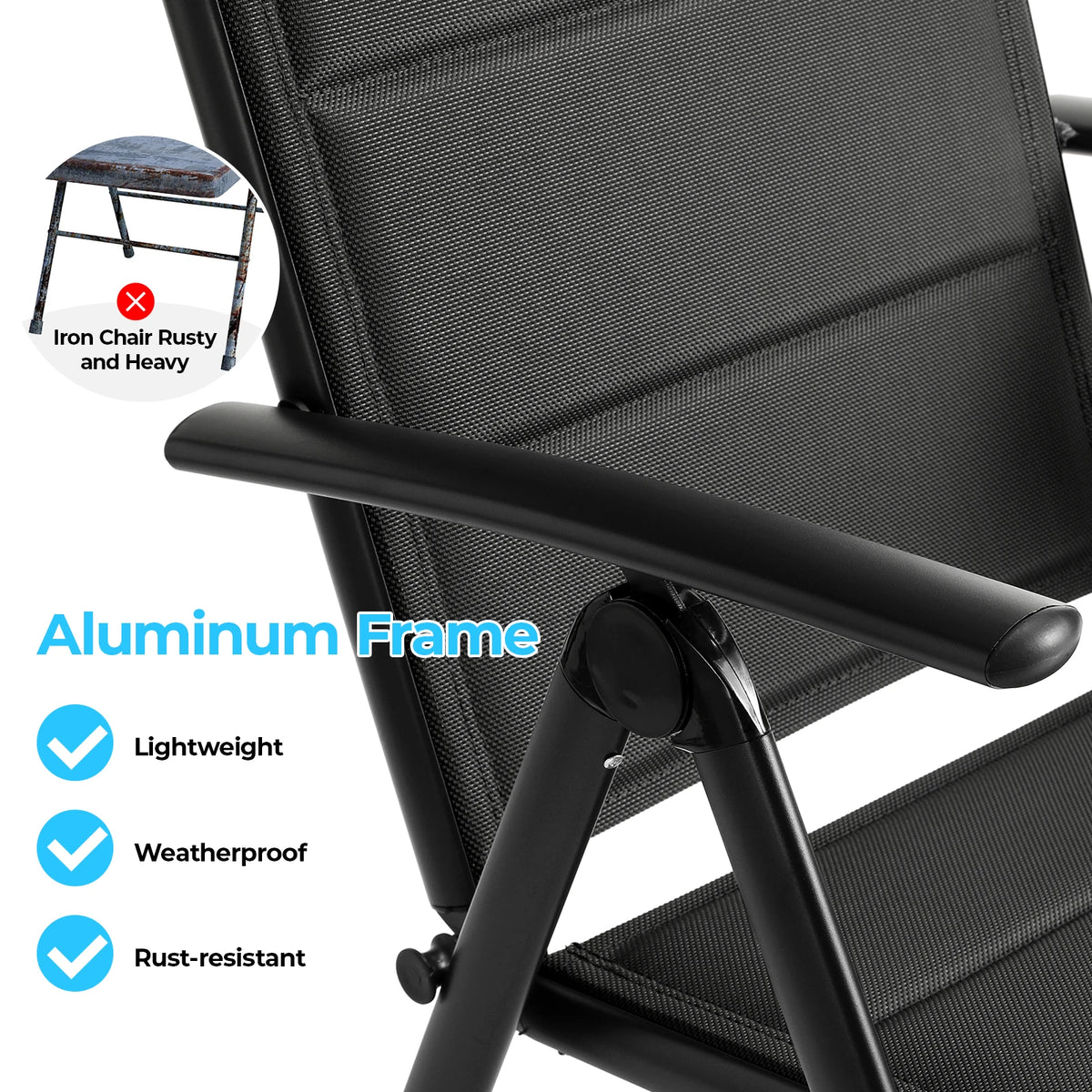 Aluminum Foldable Garden Chair, Lounge Backrest 7 Adjustable Settings, with Armrests, Weatherproof Outdoor Chairs Black,Gray