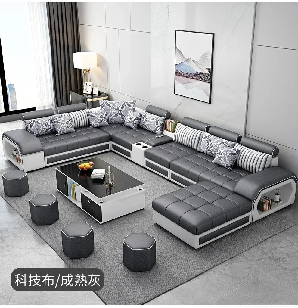 Linlamim Fabric Sofa Set Furniture Living Room Sofa Set with USB and Stools / Big U Shape Cloth Couch Sofas for Home Furniture