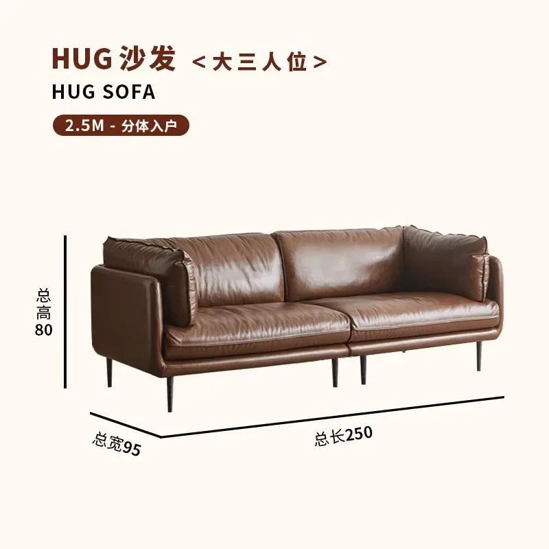 Retro oil wax leather sofa down large living room Nordic simple medium and ancient style straight row leather art sofa