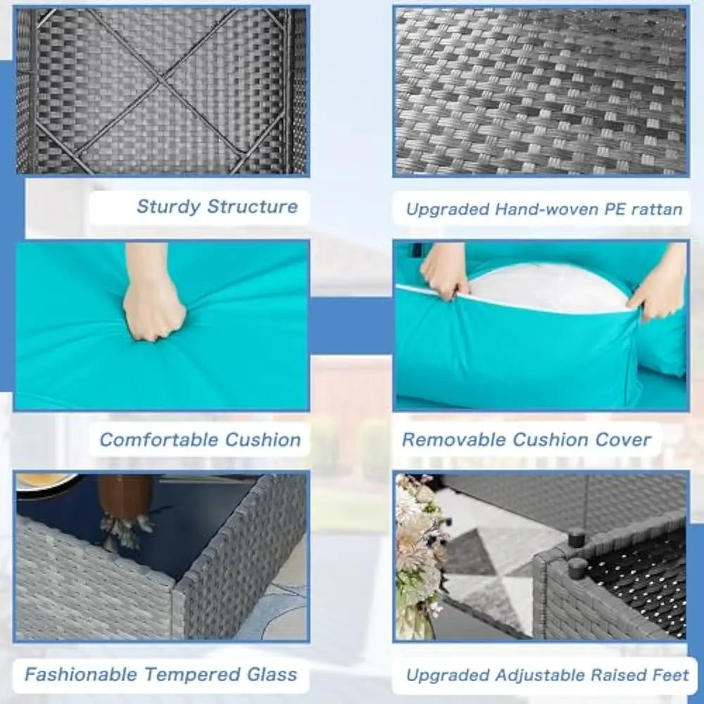 5 Pieces Outdoor Patio Sectional Sofa Couch, PE Wicker Furniture Conversation Sets with Washable Cushions & Glass Coffee Table