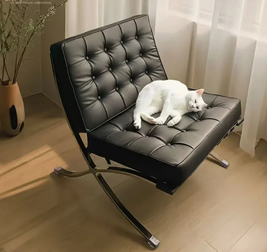 Vintage Barcelona Leather Armchair for Cozy Living Room or Bedroom Lounge Elegant Barcelona Single Sofa Chair with Oil Wax Skin