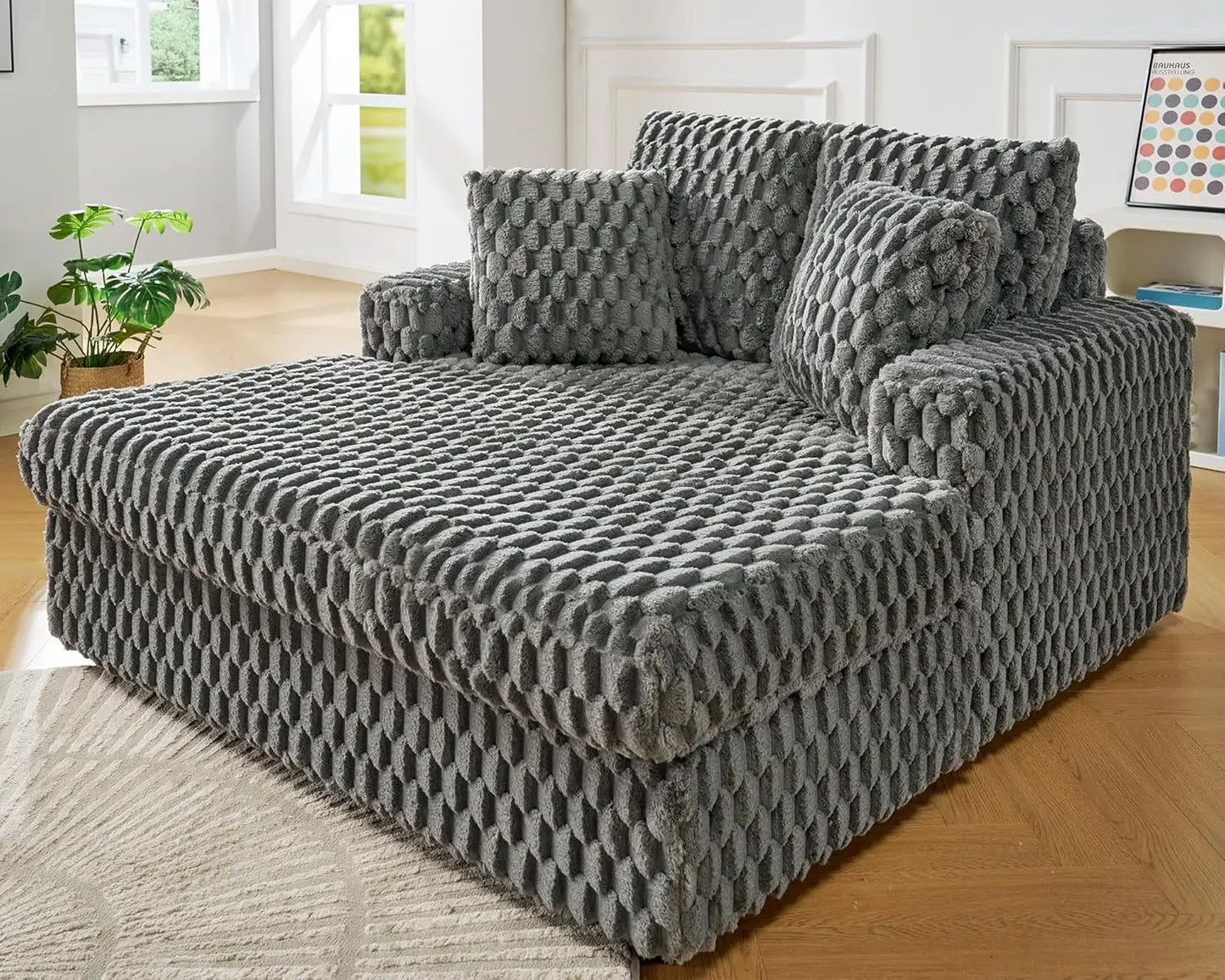 53 Inch Chaise Lounge Indoor, Upholstered Sofa Bed with Throw Pillows and Armrests, Sleeper Bed- Plush Lounge Chair for Living R