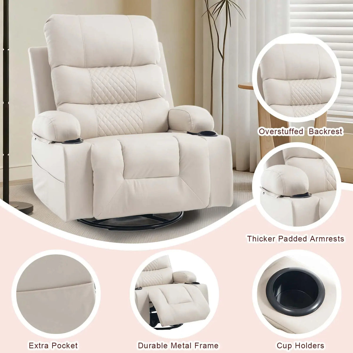 Rocker Recliner Chair with Heat and Massage, Oversized Manual Recliner Chair with Cup Holder, Faux Leather Swivel, Customized