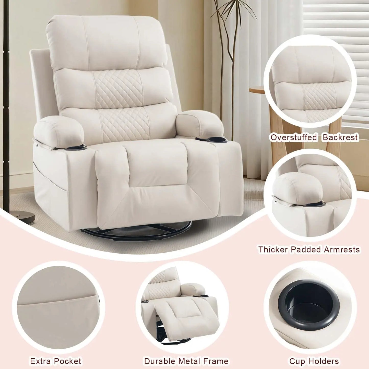 Rocker Recliner Chair with Heat and Massage, Oversized Manual Recliner Chair with Cup Holder, Faux Leather Swivel, Customized