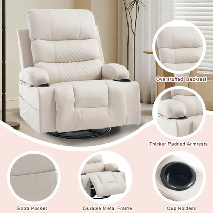 Rocker Recliner Chair with Heat and Massage, Oversized Manual Recliner Chair with Cup Holder, Faux Leather Swivel, Customized