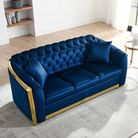 81" Luxury Velvet Chesterfield Sofa Set, Tufted 3 Seat Couch with Gold Stainless for Living Room, Navy Blue Fabric, New Package