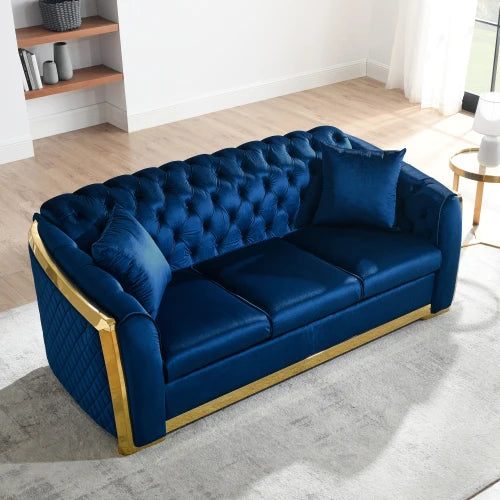 81" Luxury Velvet Chesterfield Sofa Set, Tufted 3 Seat Couch with Gold Stainless for Living Room, Navy Blue Fabric, New Package