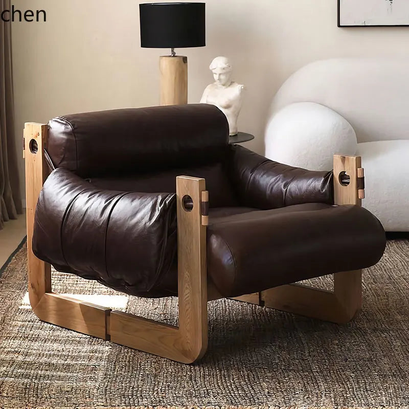 Single sofa chair medium antique solid wood retro home leisure bedroom leather