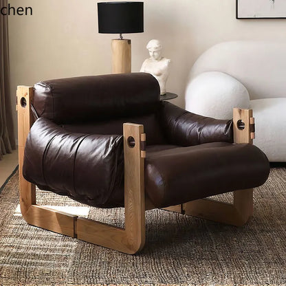 Single sofa chair medium antique solid wood retro home leisure bedroom leather