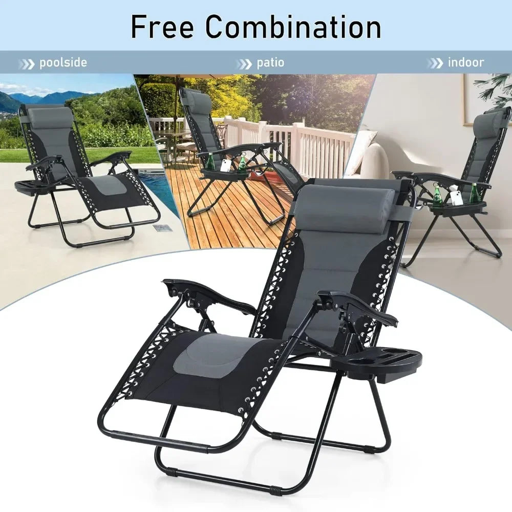 Padded Zero Gravity Lounge Chair Folding Patio Recliner with Adjustable Headrest & Cup Holder, Support 350 LBS (Grey)