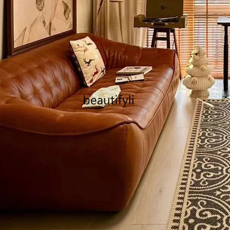 Oil Wax Leather French Retro Small Apartment Straight Row Leather Sofa Living Room Sofa