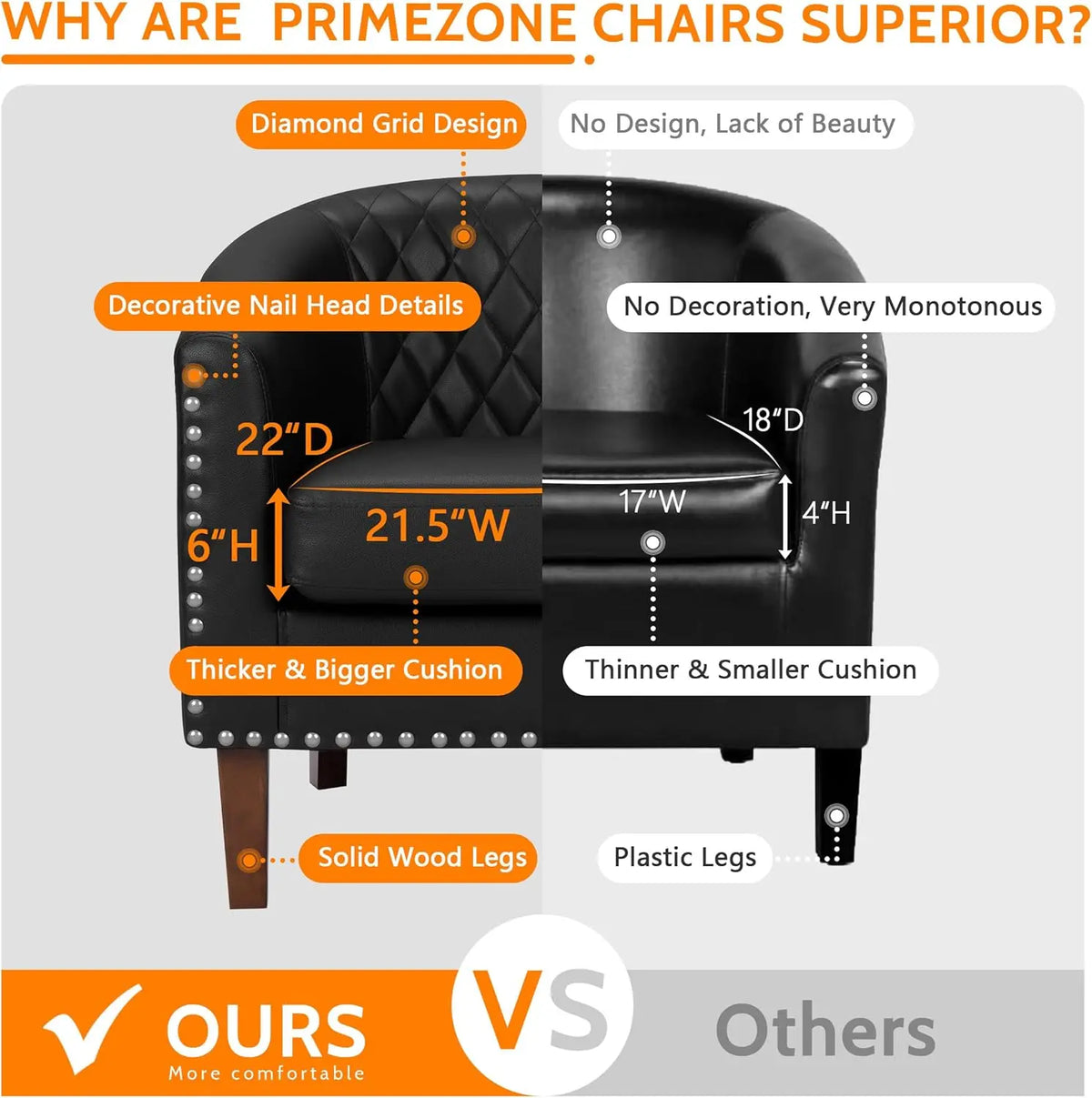 Barrel Chair Set of 2, Faux Leather Accent Chair with Cushion, Nail Trim & Diamond Grid Backrest, Black