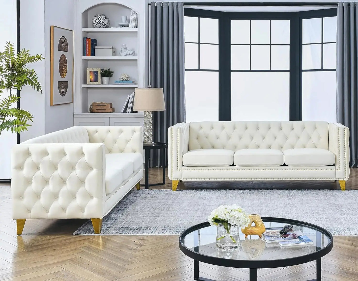 80-inch Modern Velvet 3-Seater Sofa with Button Tufted Design, Gold Metal Legs for Living Room