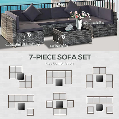7pc PE Rattan Sectional Sofa All Weather Cushions Tempered Glass Tabletop Outdoor Patio Grey, Customized
