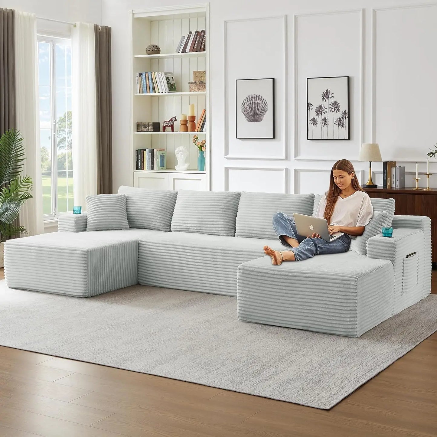 133.5" Boneless Sectional Couch with Cup Holder, U Shaped Sofa with Chaise, Oversized Modular Couch with Deep Seat, Comfy Cordur