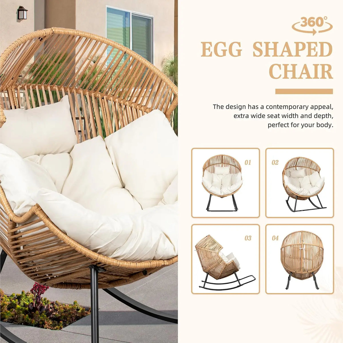 PE Rattan Egg Rocking Chair with Cushion, Oversized Patio Lounge for Outdoor Indoor Garden Balcony Beige