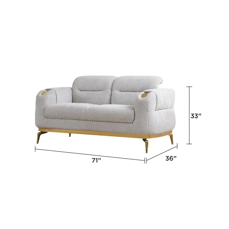 3PC Modern Living Room Set (Sofa + Loveseat + Chair) in Gray with Wood and Gold Accents