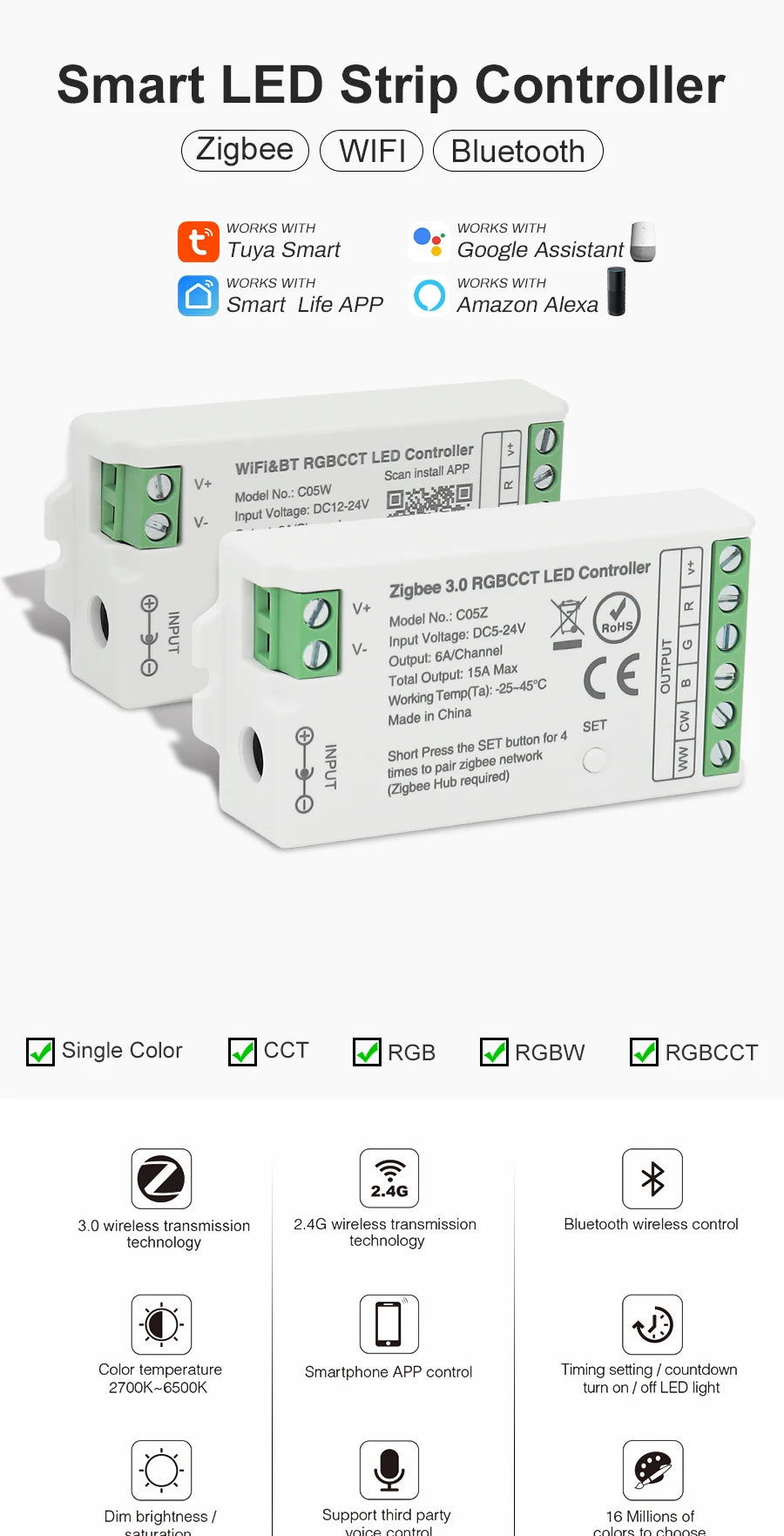 Smart LED Dimmer Tuya Wifi Zigbee DIM CCT RGB RGBW RGBCCT PWM LED Controller Support Alexa Google Home Voice Control