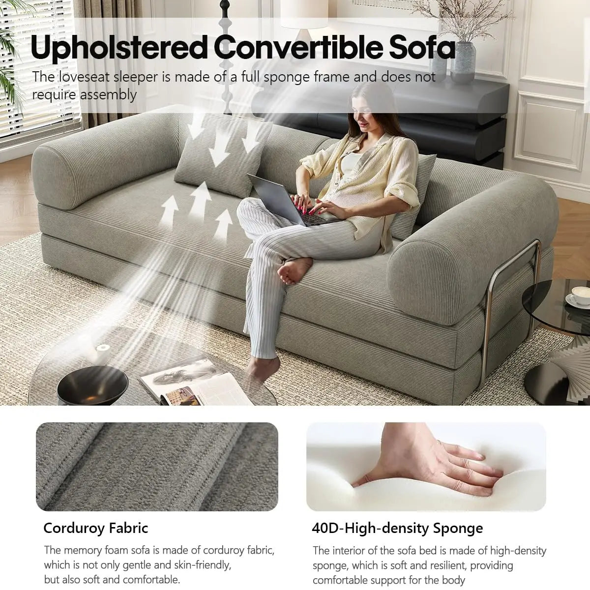 78.8" Modular Sofa Bed - 4-in-1 Convertible Design with Corduroy Fabric and High Density Sponge, Removable Cover, Customized