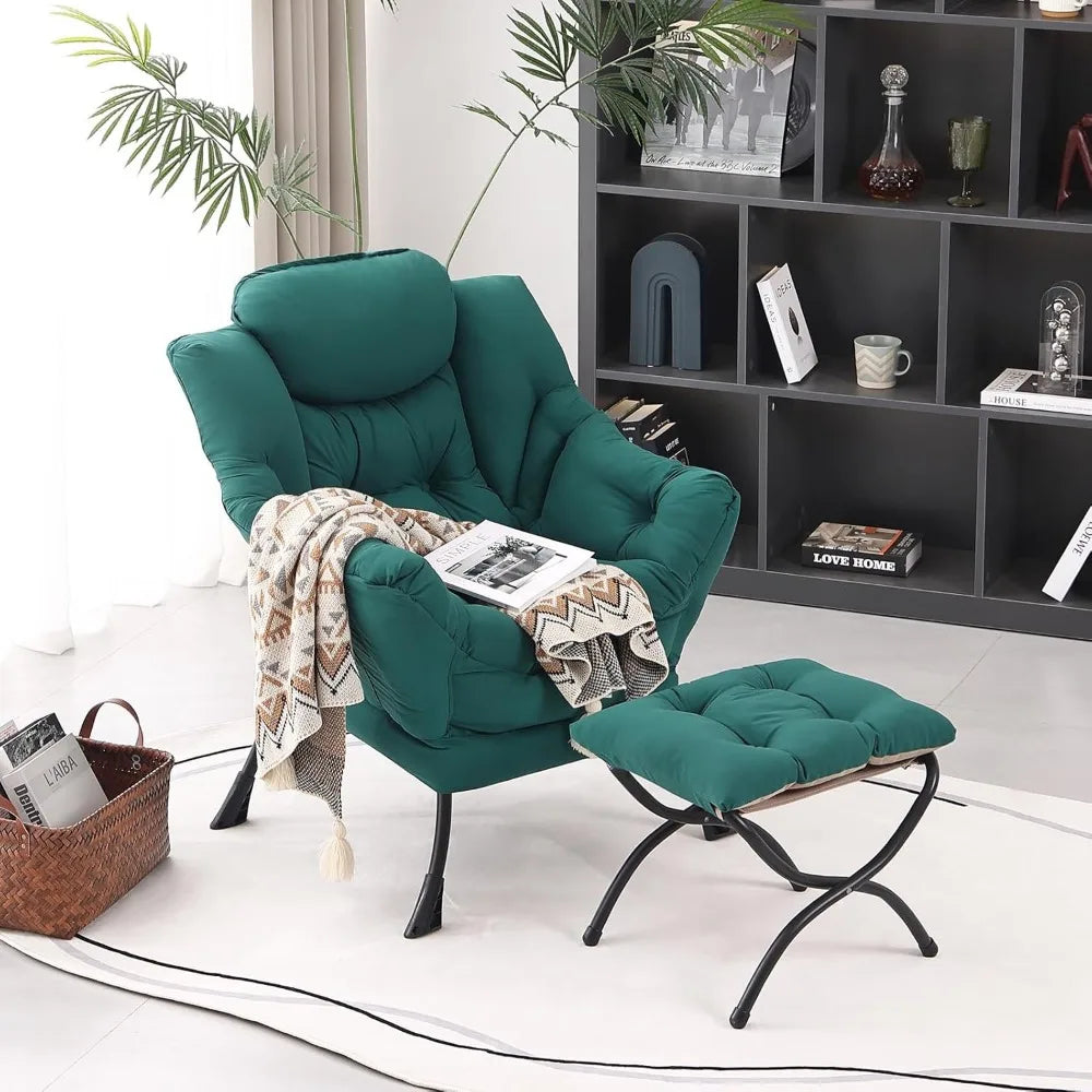 Modern Lounge Chair with Folding Ottoman, Armrests, Side Pocket, and Foldable Footrest for Leisure Reading