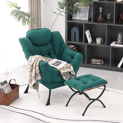 Modern Lounge Chair with Folding Ottoman, Armrests, Side Pocket, and Foldable Footrest for Leisure Reading