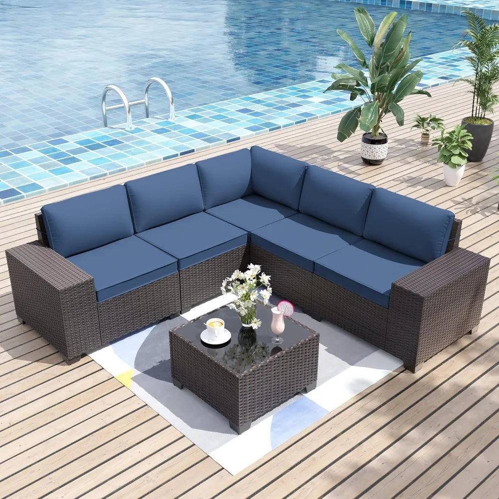 6 Pieces All-Weather PE Rattan Wicker Patio Sectional Outdoor Furniture Sofa Chairs Conversation Set for Garden