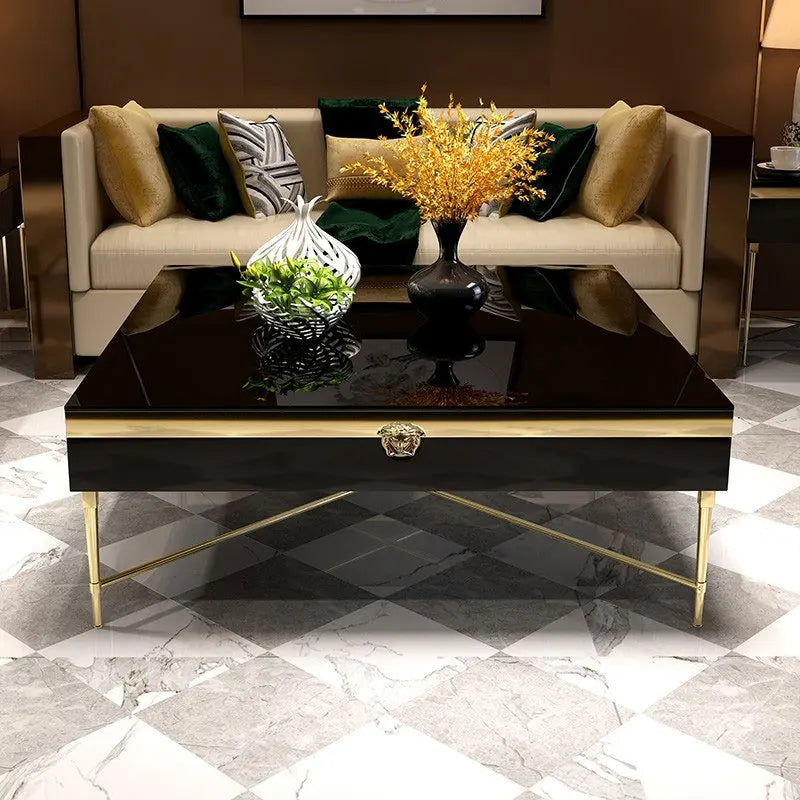 Luxury modern Italian design black glass stainless steel high-grade metal coffee table living room furniture gold coffee table