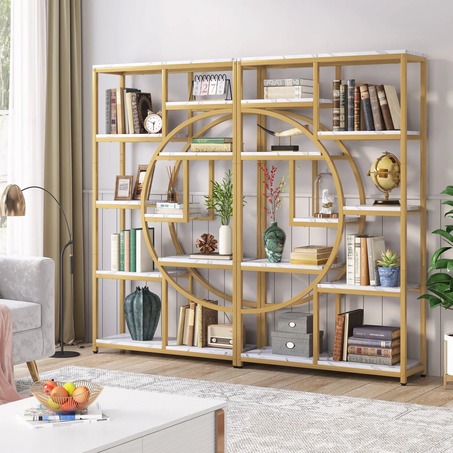 Tribesigns Bookshelf Bookcase, Gold 8-Open Shelf Etagere Bookcase with Faux Marble, Modern Book Shelves Display Shelf