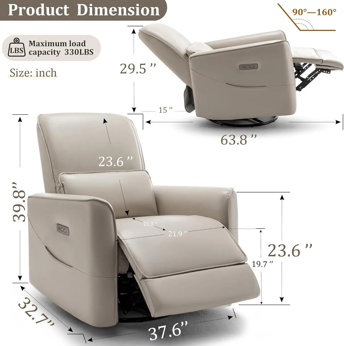 Glider Recliner Chair, Power Rocker Swivel Recliner with USB and Type-C Ports, Electric Reclining for Adults with Streamlined