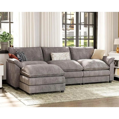 Sectional Sofa with Ottoman, Chenille Fabric, Convertible 3-Seater Couch for Living Room (Gray, L-Shape) | Breathable Material