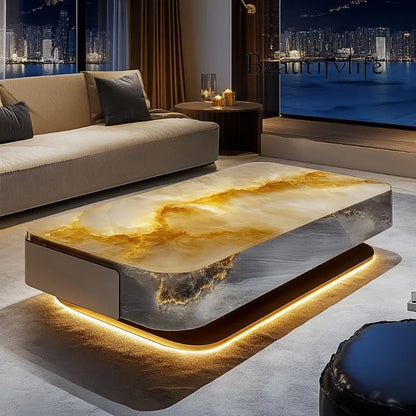 Square luminous jade luxury stone coffee table living room custom modern light luxury style large flat floor home