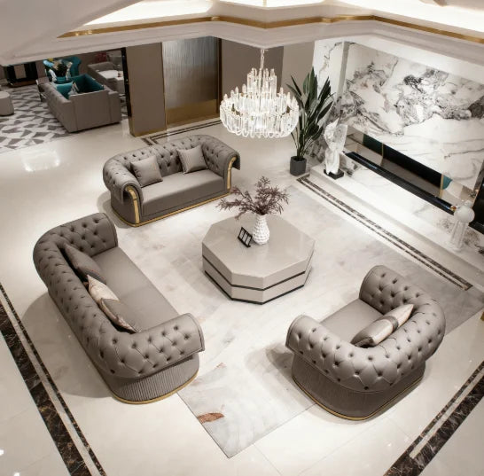 3-Seat Modern Chesterfield Sofa Set Curved Design Gold Decorated Napa Leather Sofa Apartment Living Room Furniture