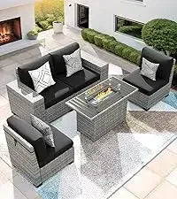 QAZ8-7 Piece Patio Furniture Set Fire Pit Table. Outdoor Conversation Sets Wicker Rattan Sectional Sofa with Coffee TSZ
