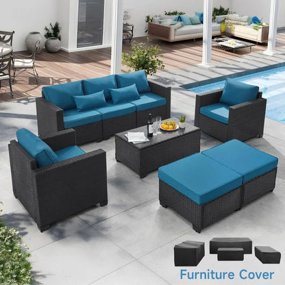 6 Pieces Outdoor Patio Furniture Sets with Furniture Cover, PE Rattan Wicker Patio Conversation Set with Tea Table (Peacock Blue