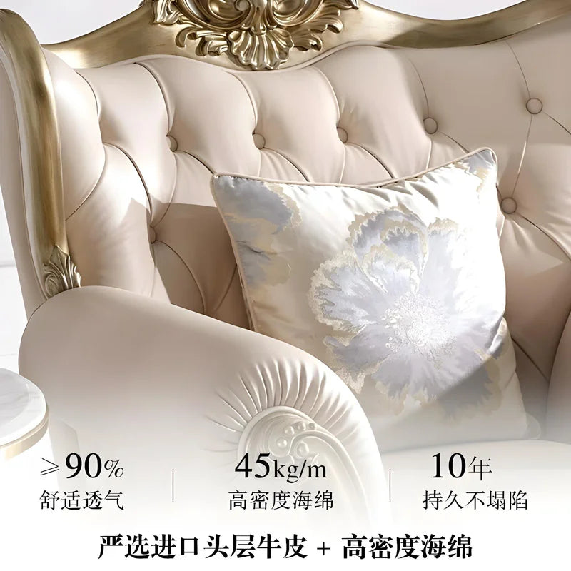 French cream wind solid wood leather living room sofa combination luxury villa sofa high-end luxury