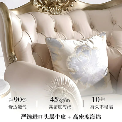 French cream wind solid wood leather living room sofa combination luxury villa sofa high-end luxury