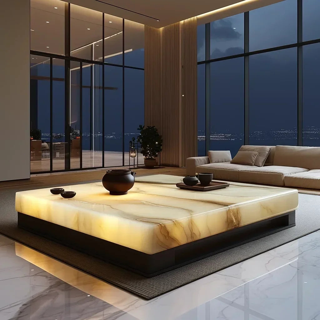 Large flat-layer luminous coffee table jade luxury stone square marble natural light luxury new Chinese Zen leisure area
