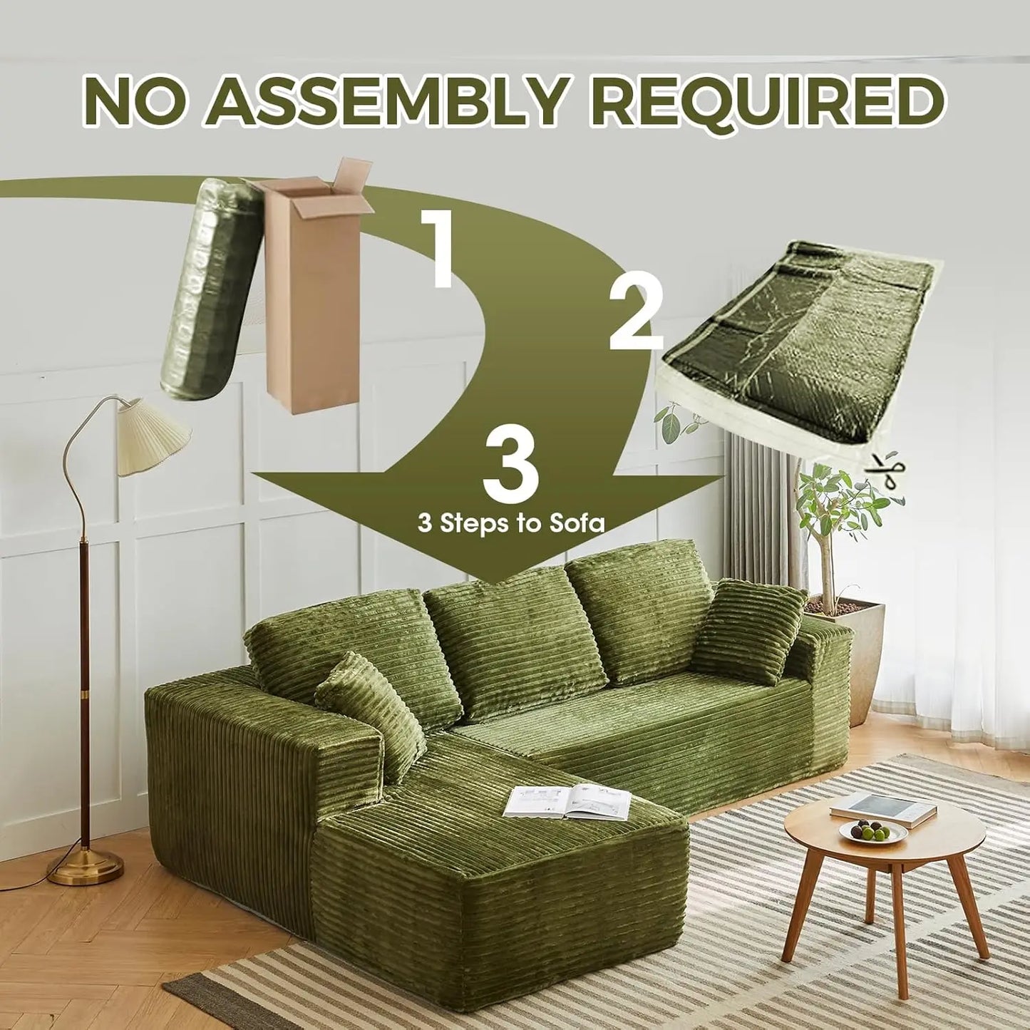 118" Compressed Sofa for Living Room L Shaped Boneless Couch, Modular Sectional Sofa, Sofa Bed Memory Foam Couches with Chaise