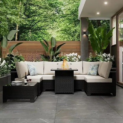 8-Piece Outdoor Patio Furniture Set with Fire Pit, Sectional Wicker Sofa, Conversation Area for Backyard