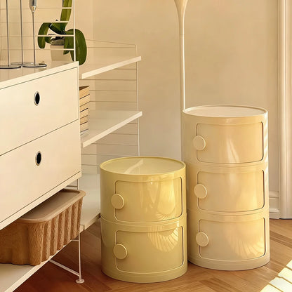 Plastic Round Nightstand Bedside Table Cabinet with Sliding Doors Round Storage Bedside Cabinet Nightstand  for Living Bedroom