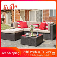 5-Piece Patio Set: All-Weather Brown PE Wicker Sectional Couch - Outdoor Conversation Group for Garden & Patio