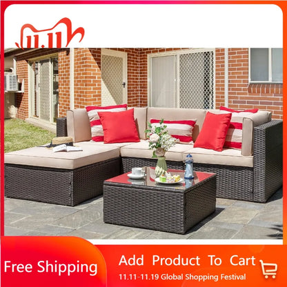 5-Piece Patio Set: All-Weather Brown PE Wicker Sectional Couch - Outdoor Conversation Group for Garden & Patio
