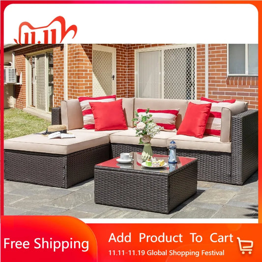 5-Piece Patio Set: All-Weather Brown PE Wicker Sectional Couch - Outdoor Conversation Group for Garden & Patio