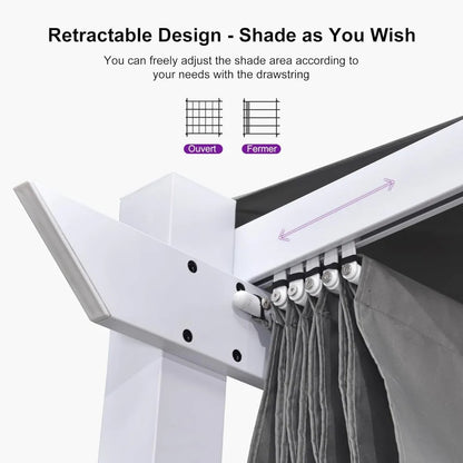 10' x 13' Outdoor Aluminum Pergola White Heavy-Duty Retractable Pergola Patio Metal with Double Sun Shade Canopy for Gardens De