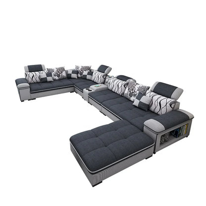 Modern simple living room sofa set U-shaped sleepable luxury cloth sofa villa large combination corner function sofa
